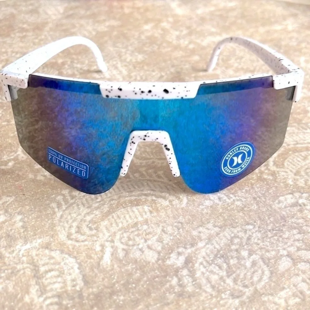 Brand New Hurley Polarized Sunglasses White Semi-Rim Wrap Shield Blue Mirrored